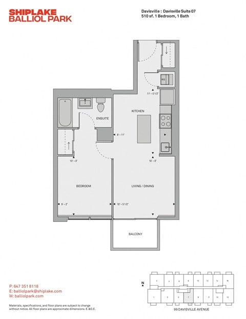Floor plan for 1 bed, 1 bath, 510 sqft